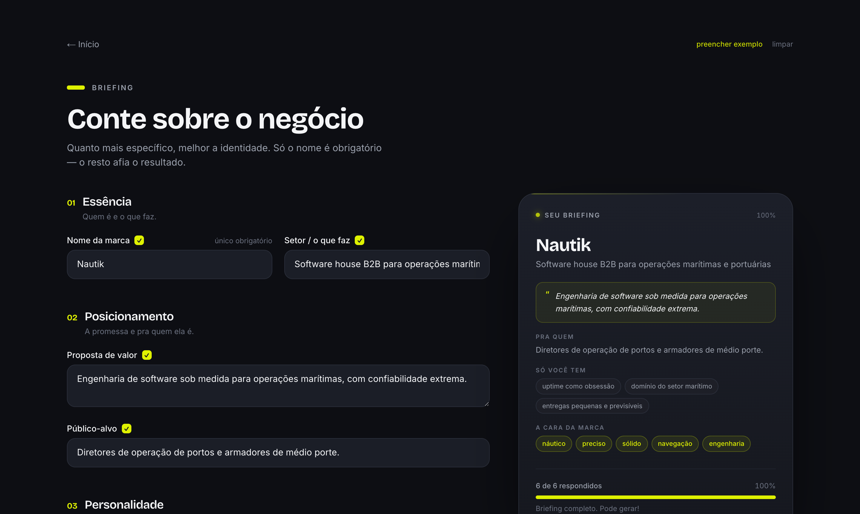 O briefing, tela real do Marcante